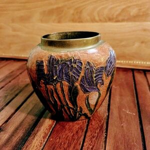 Art Nouveau Brass Vase with Purple Iris 5"×5"
